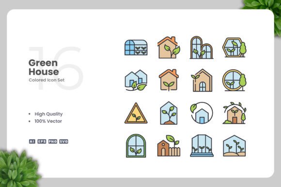 Green House Colored Icons: Graphics and Icons for Creative Projects