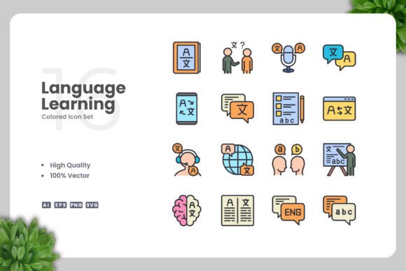 Language Learning Icons: Clean Graphics for Digital Sellers